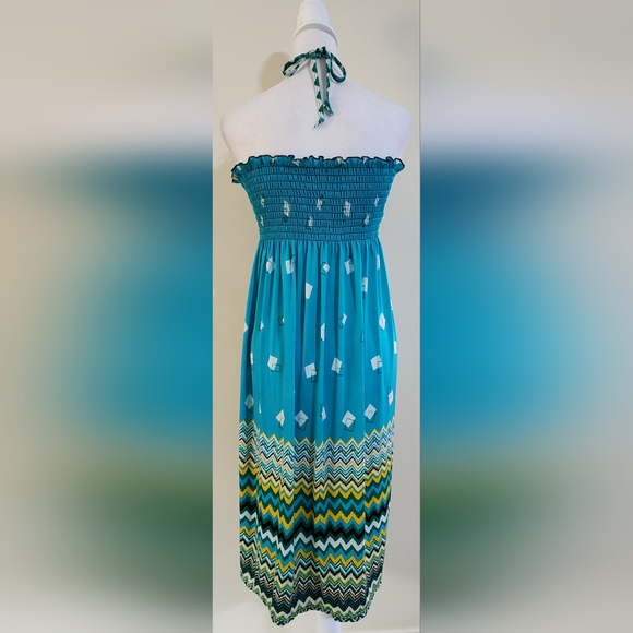 Vintage Beaded Halter Neck Aztec Print Dress Maxi Skirt Beach Cover-up L/XL - Picture 5 of 9